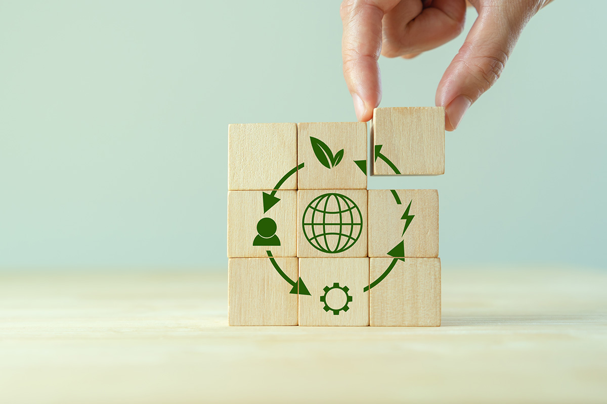 stocked blocks with sustainable packaging company related graphics in a circle